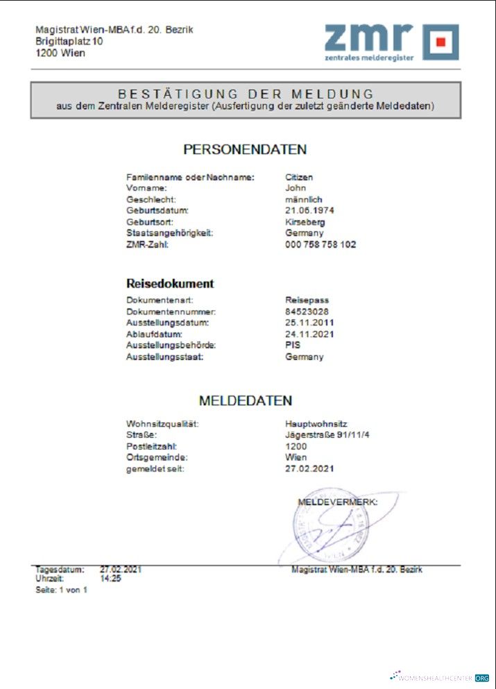 Austria ZMR Zentrales Melderegister Central register of residents document template in Word format